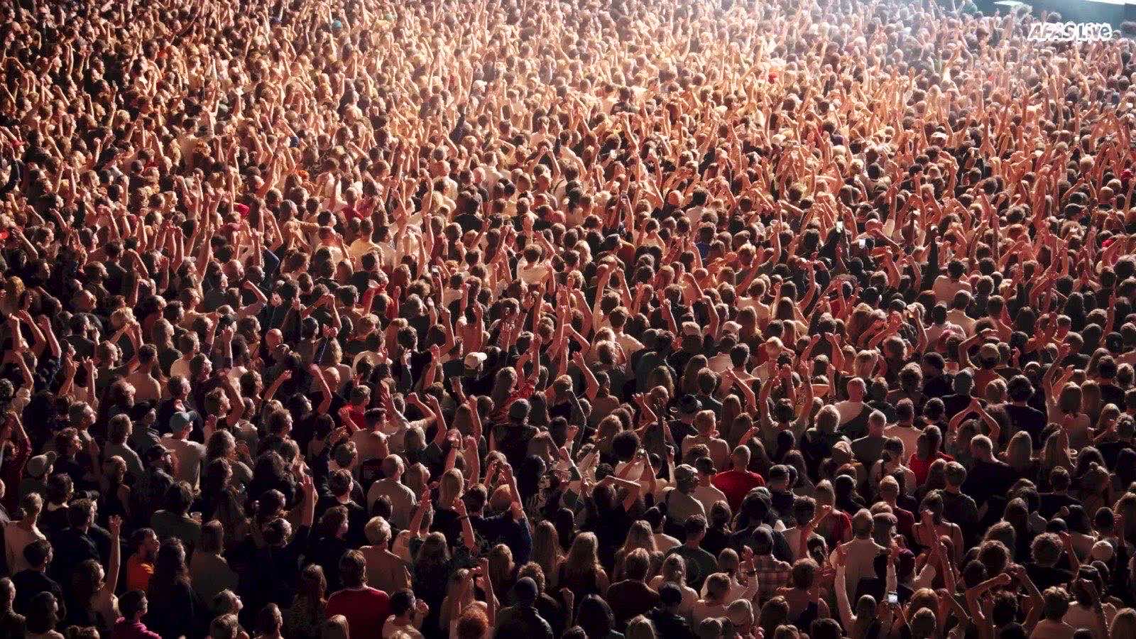A packed crowd with hands in the air during a concert at AFAS Live.