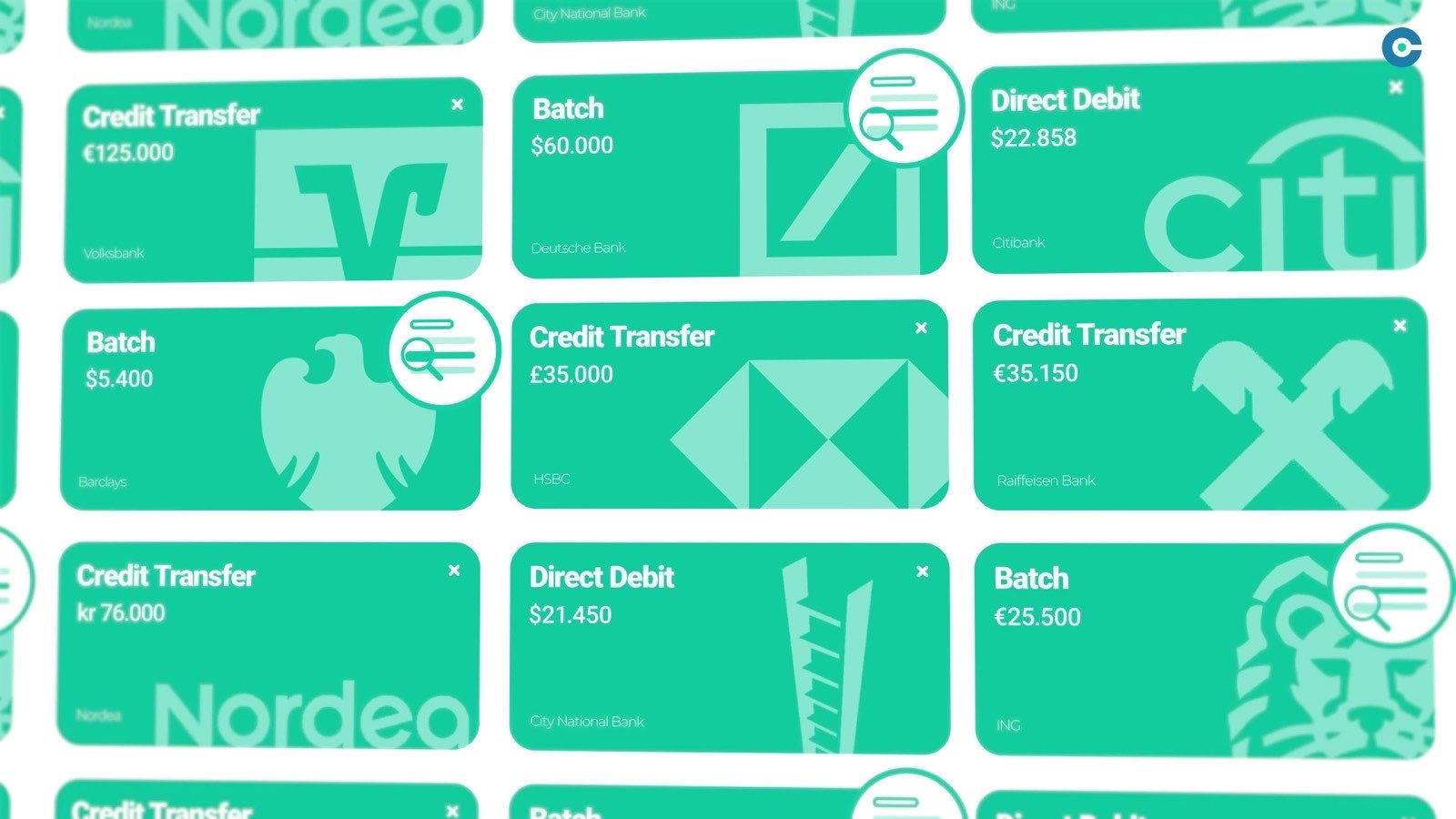A grid of payment types, credit transfer, batch and direct debit, in the Cobase interface.