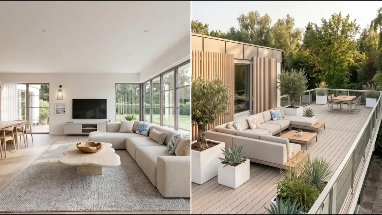A living room and a roof terrace shown side by side