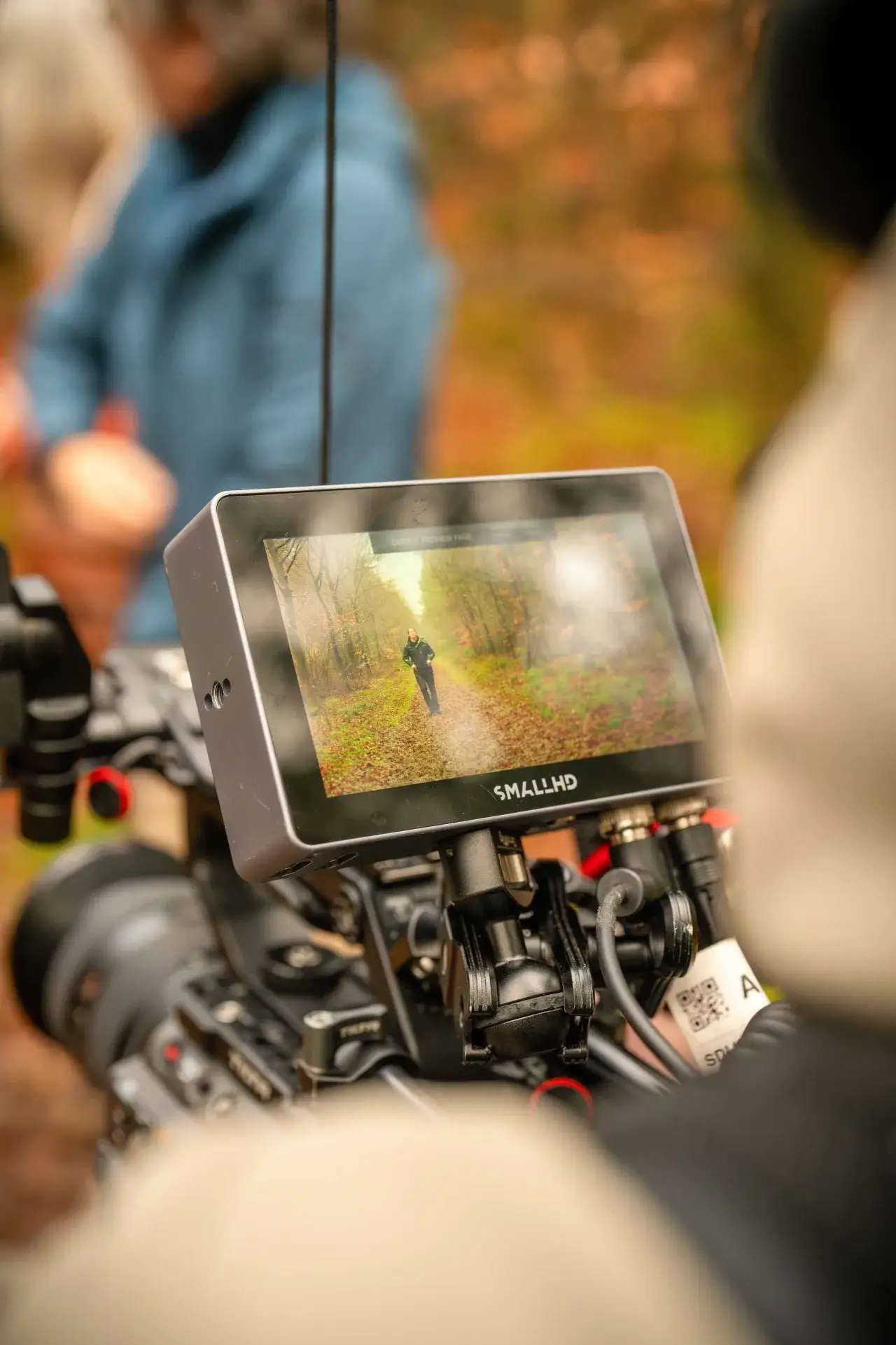 A camera monitor showing a shot of a figure on a woodland path